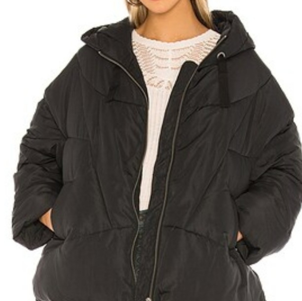 FREE PEOPLE "HAILEY" SZ M OVERSIZED (L) BLACK HOODED PUFFER JACKET LN